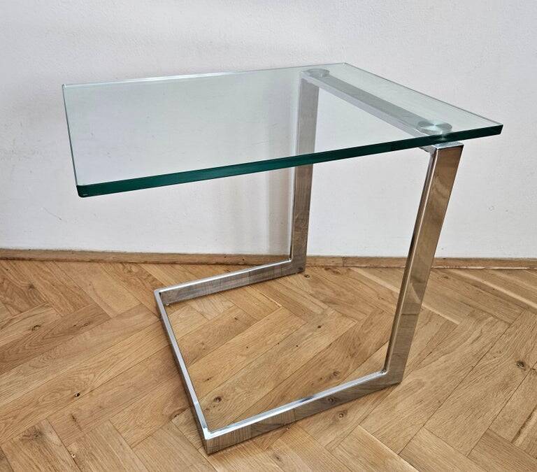 Midcentury Design Cantilevered Glass & Chrome Side Coffee Table, 1980s