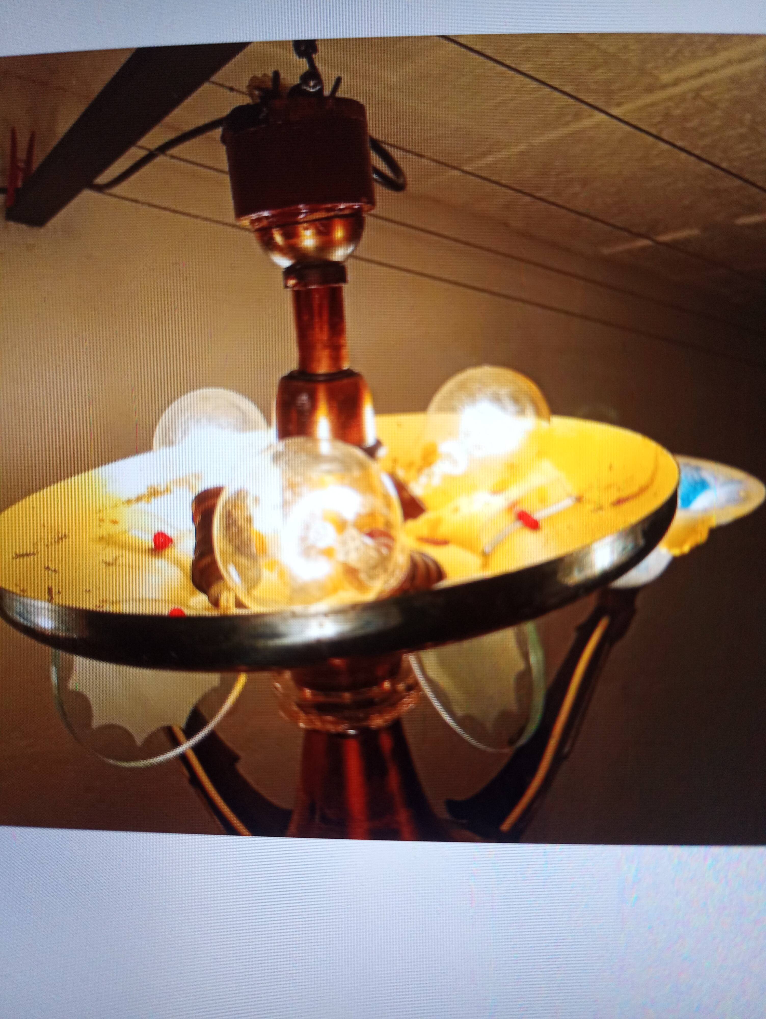 Opalescent glass and copper chandelier