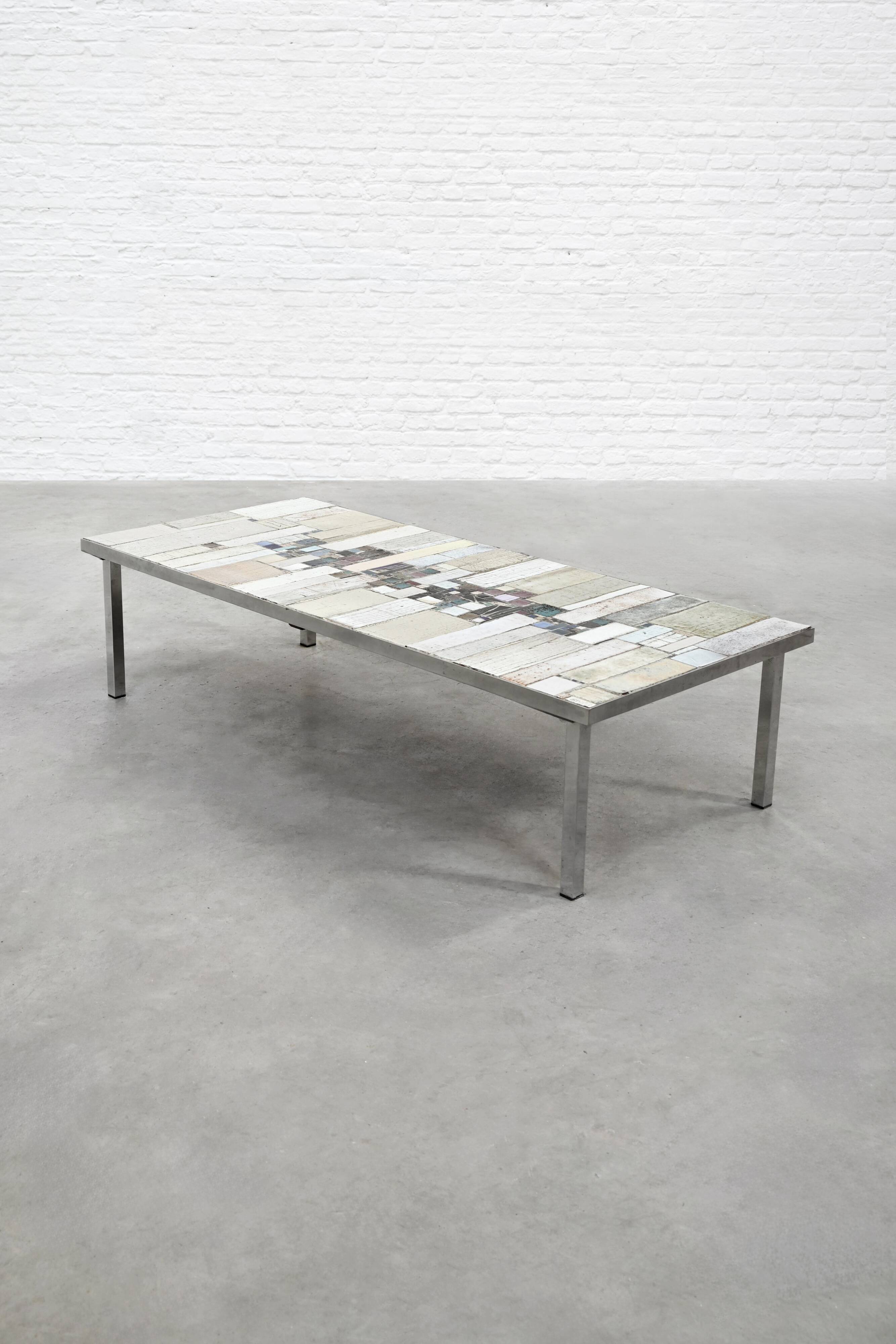 Brutalist Coffee Table by Pia Manu, Ceramic Top, Metal Base, Belgium