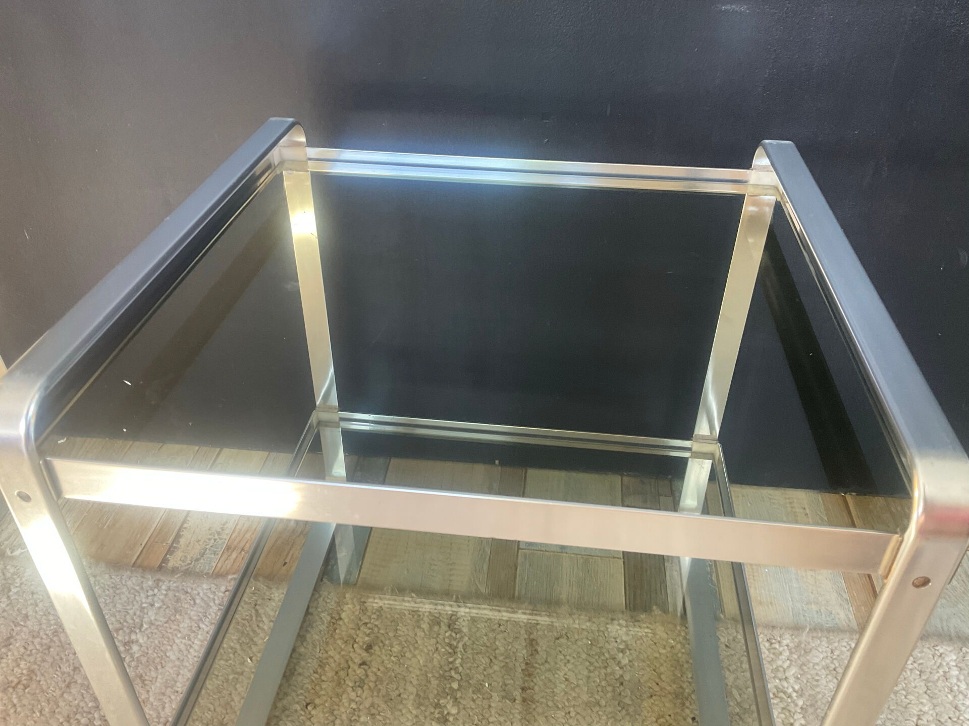 Space Age side table in aluminium and smoked glass