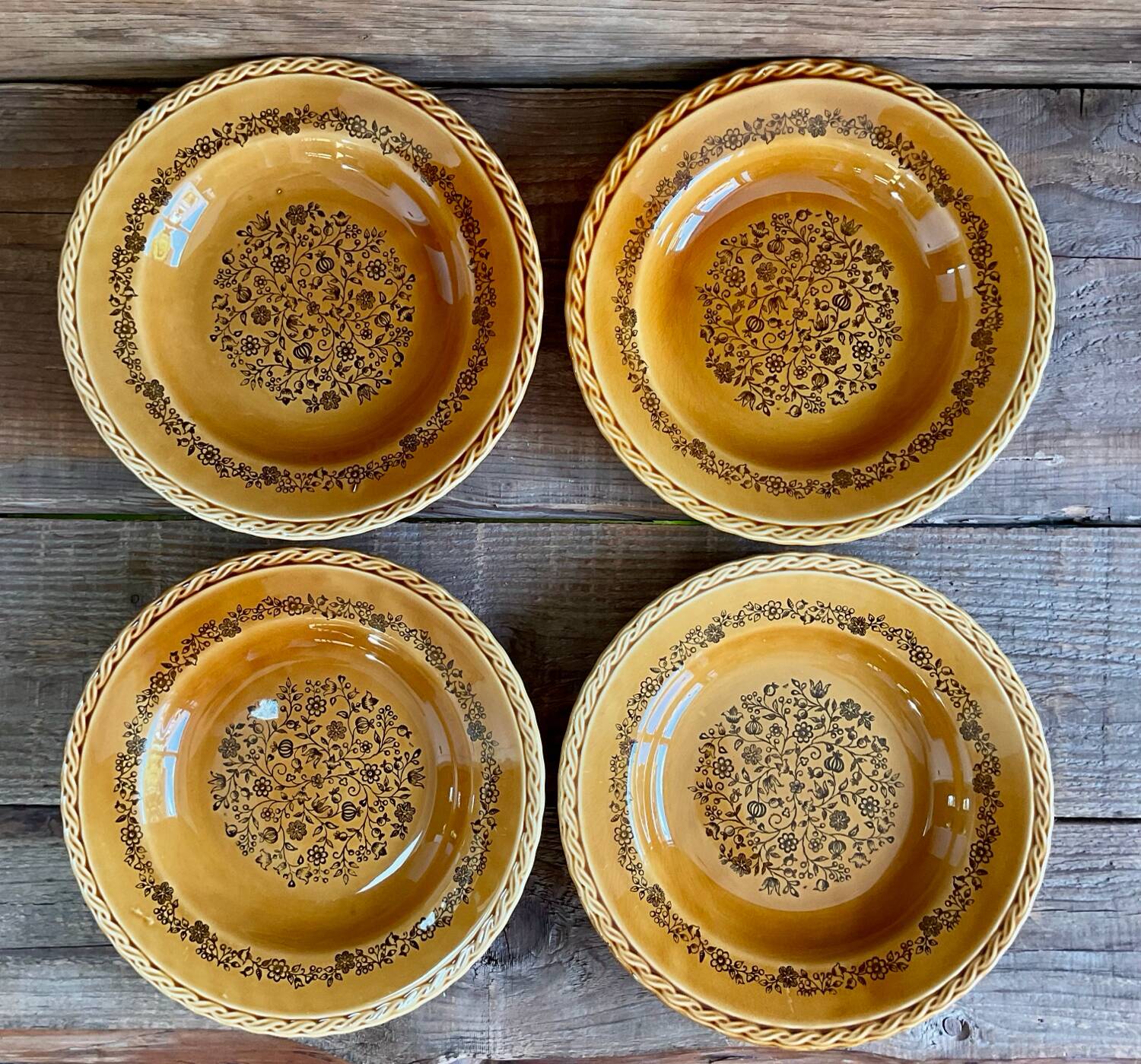 4 vintage amber ceramic soup plates