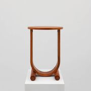 Art deco oak wooden round side table with bended leg, France 1920s