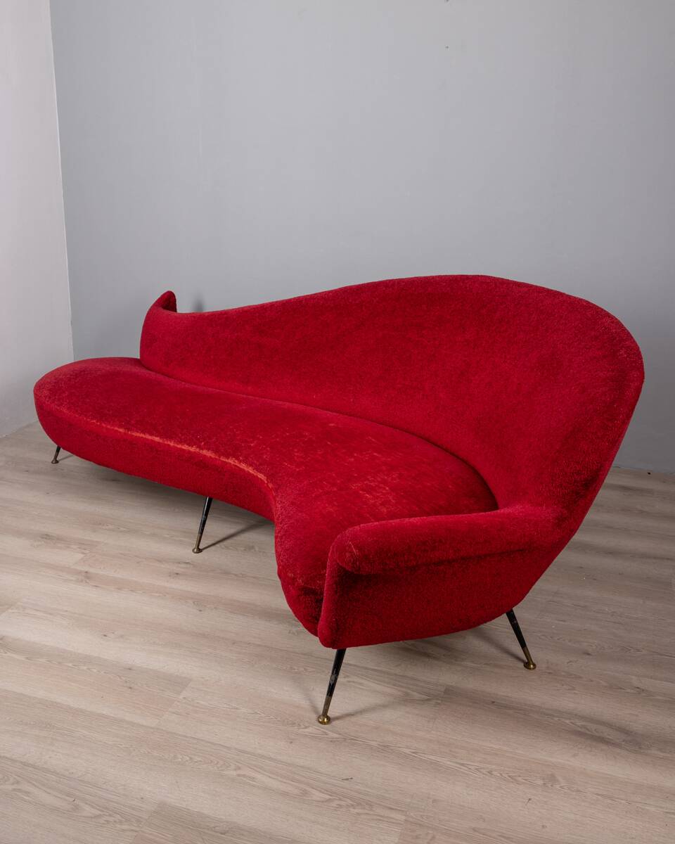 Large 1950s vintage curved sofa in red velvet italian design