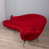 Large 1950s vintage curved sofa in red velvet italian design