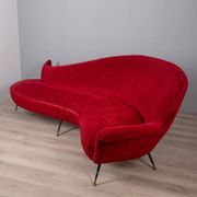 Large 1950s vintage curved sofa in red velvet italian design