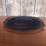 Old foldable blue metal basket, vintage handles