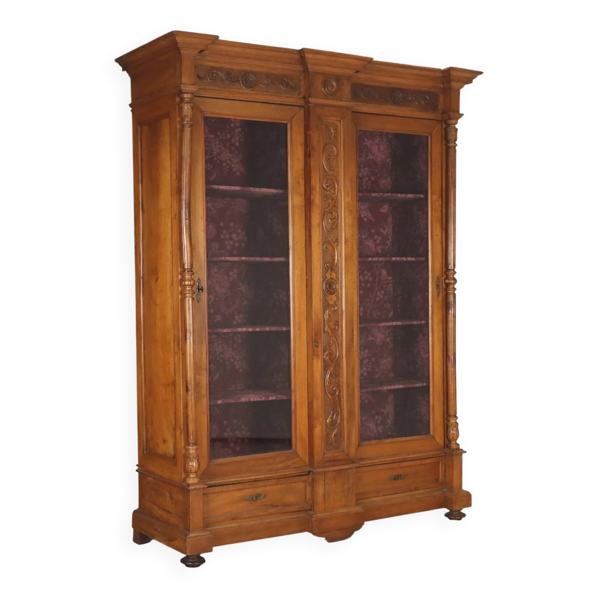 Antique walnut wardrobe with glass and carvings, Italy, 19th century.