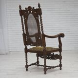 1930s, Danish highback armchair, furniture mesh, velour, carved oak wood.