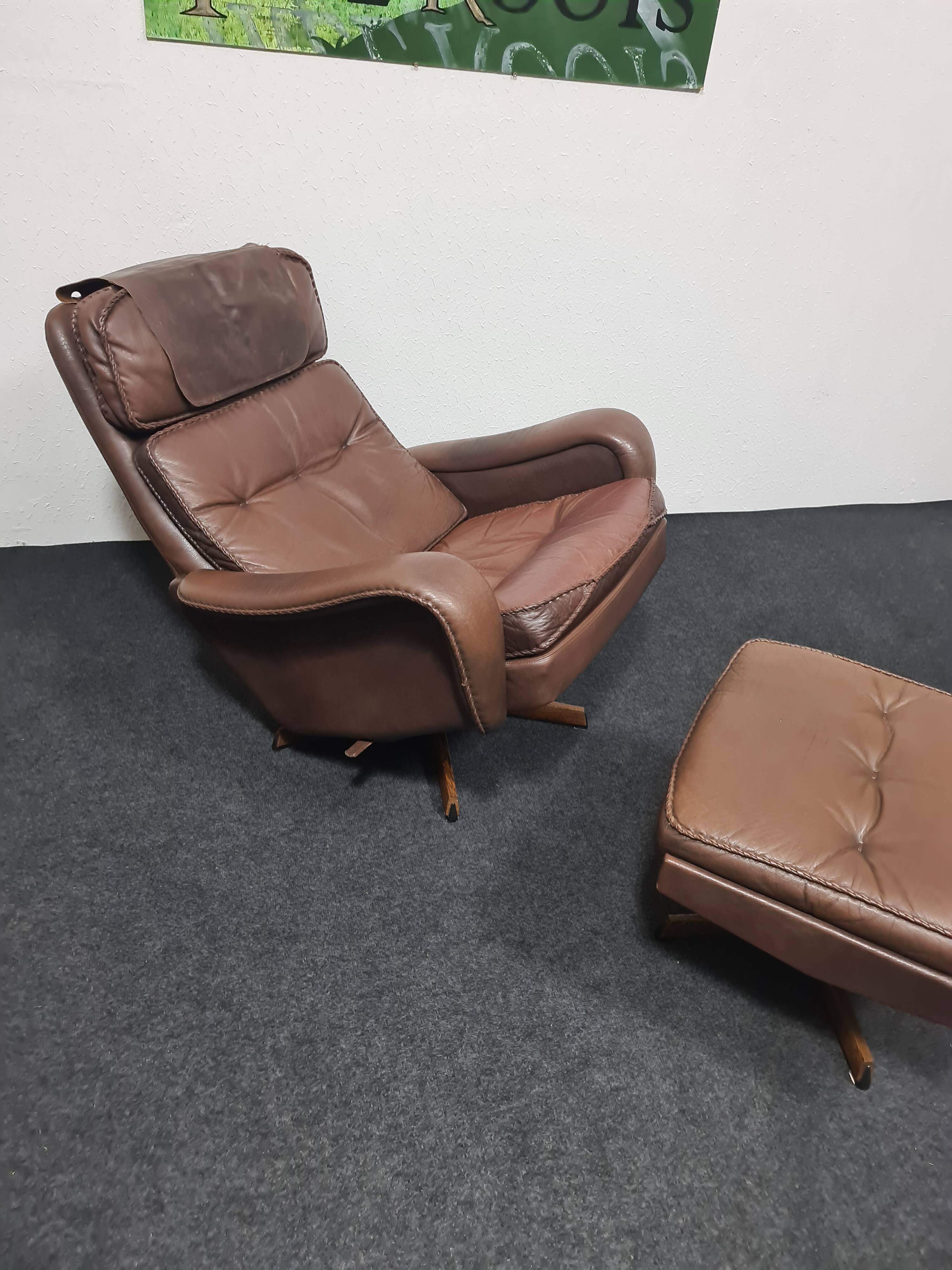 Danish Madsen & Schubell vintage swivel lounge armchair and ottoman