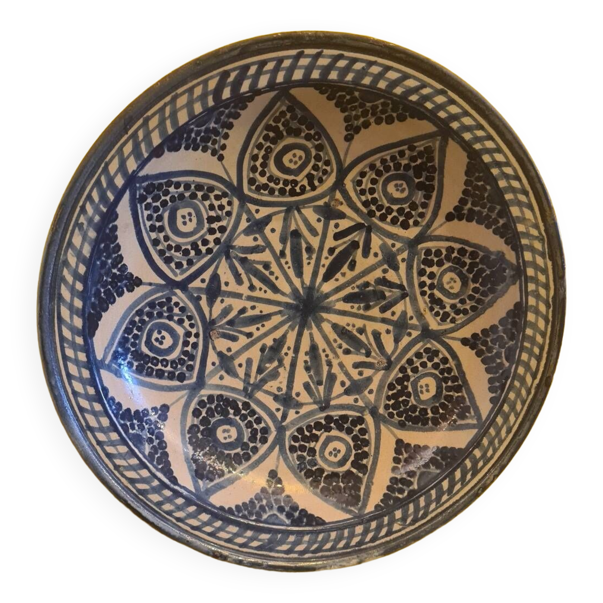 Large Moroccan Ceramic Bowl with Blue hand-painted motif, from the 1950s/60s