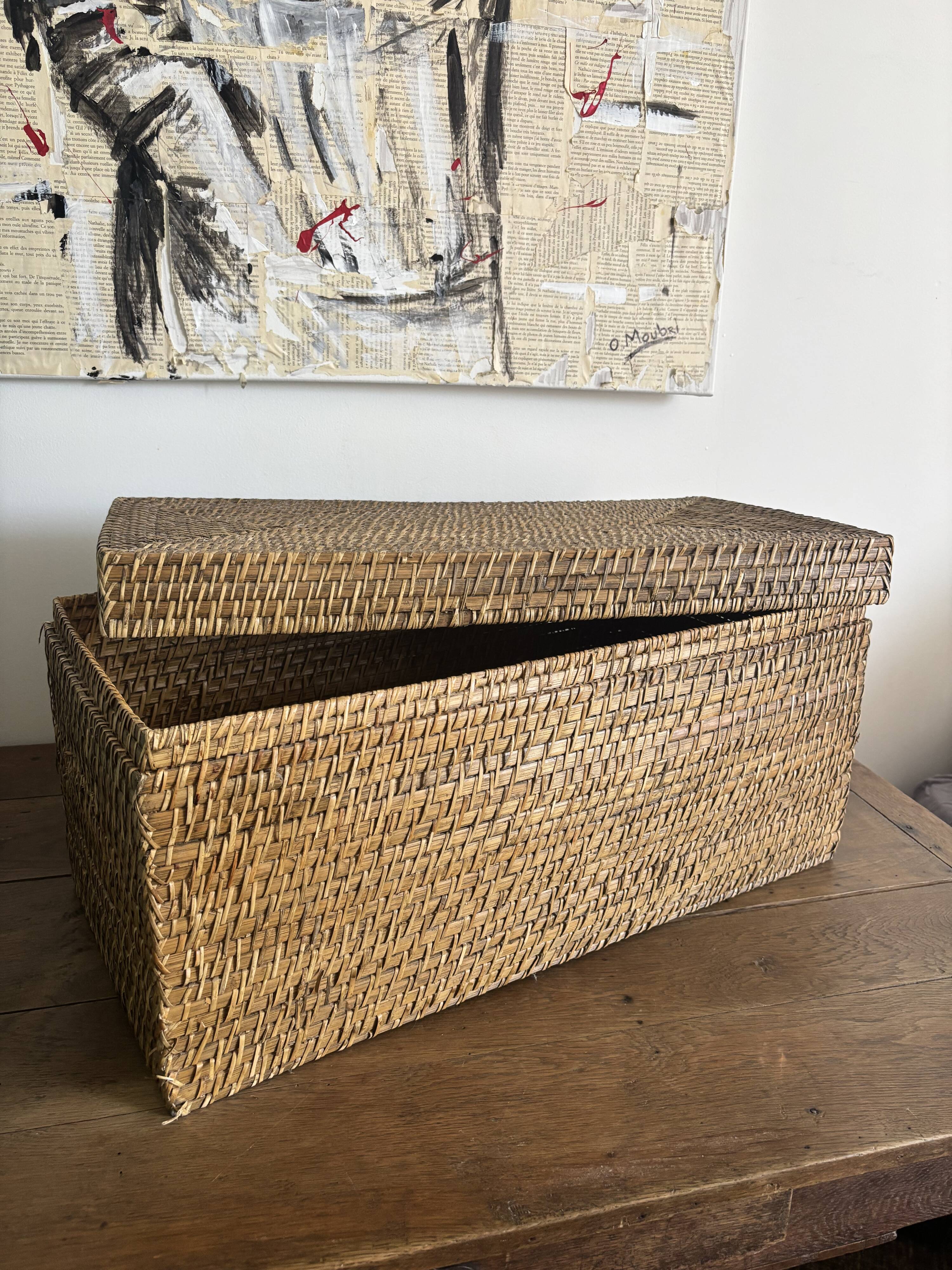 Coffre de rangement / Malle en rotin tressé vintage