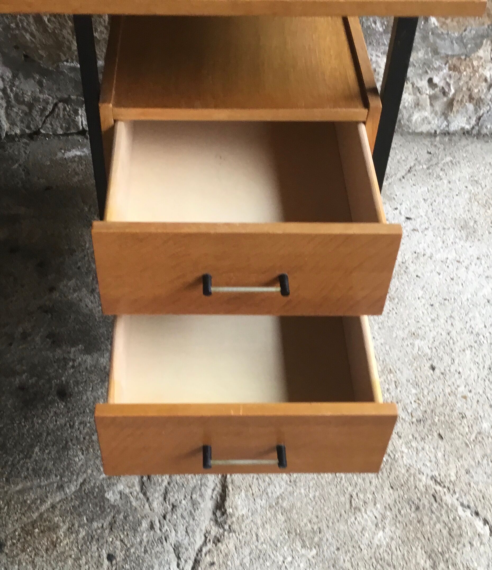 Modernist desk with drawers - tubular base and light oak top - vintage