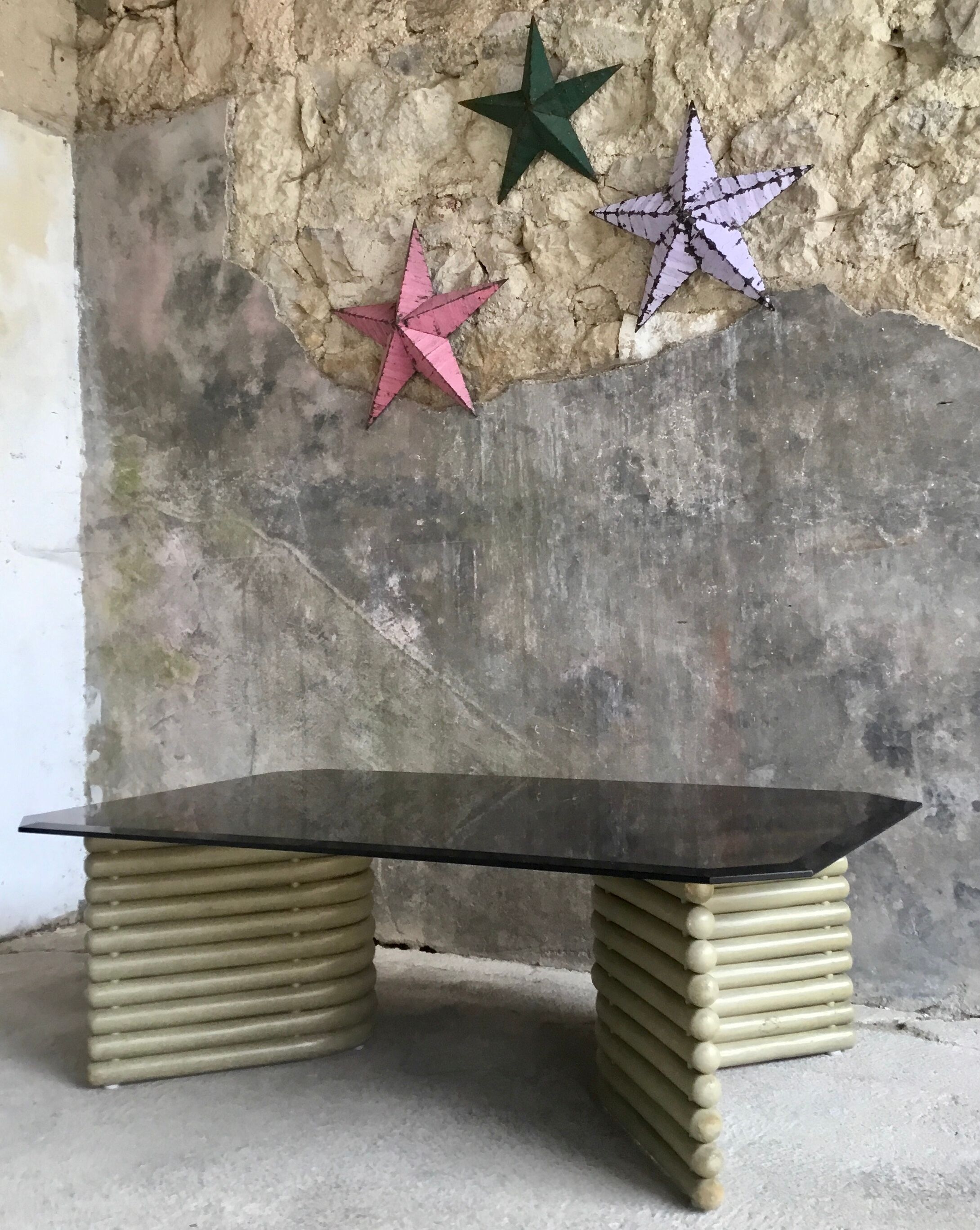 Coffee table smoked glass and wood Flecht workshop, Schütz, made in W Germany