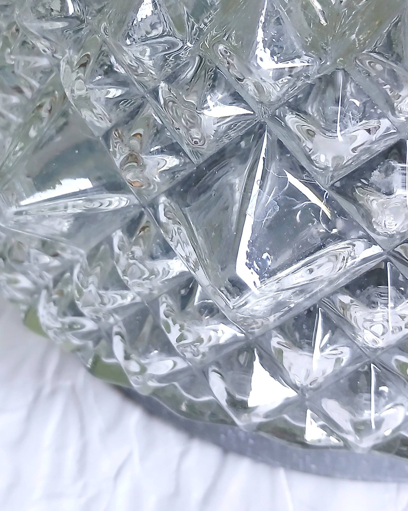 Ceiling light or wall light in moulded glass with diamond point, 1970.