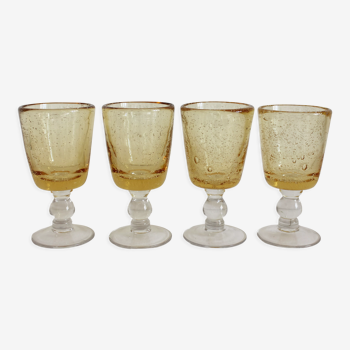 4 verres à pied en verre bullé jaune vintage