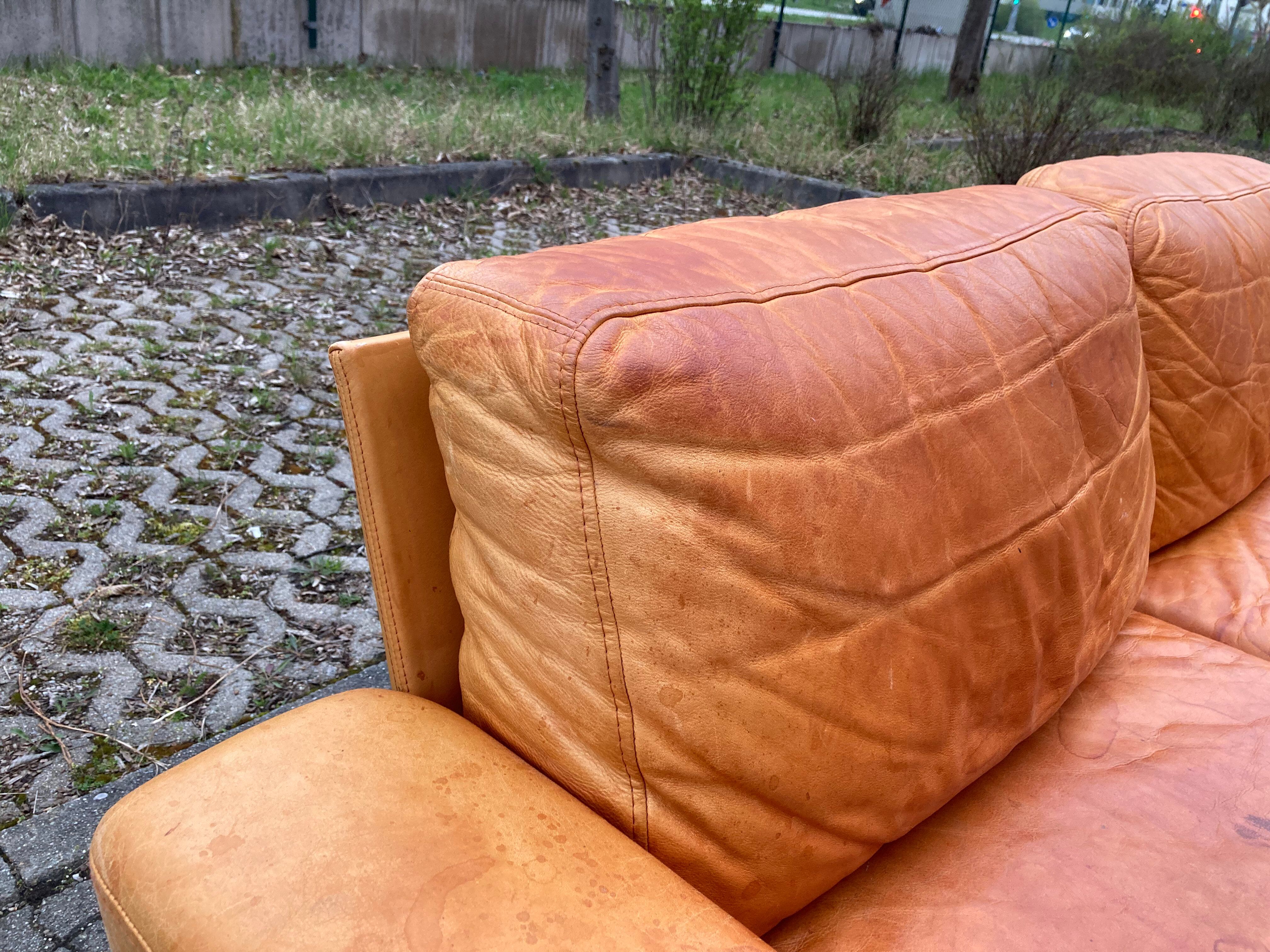 Danish Modern Mid Century Vintage Cognac Leather Sofa