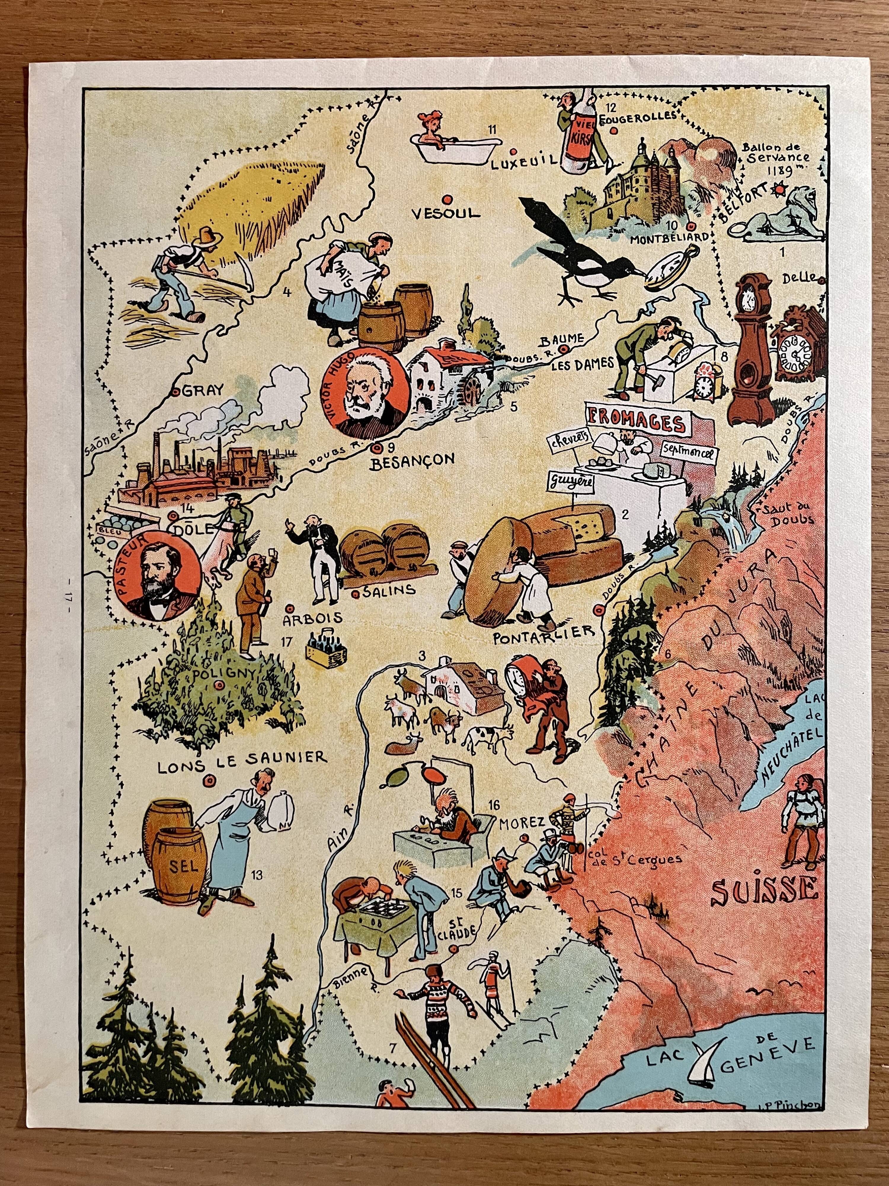 Old poster map of Franche Comté 1946 - JP Pinchon