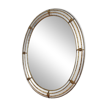 Vintage Spanish Venetian-style wall mirror, oval, brass, 1980s Hollywood Regency