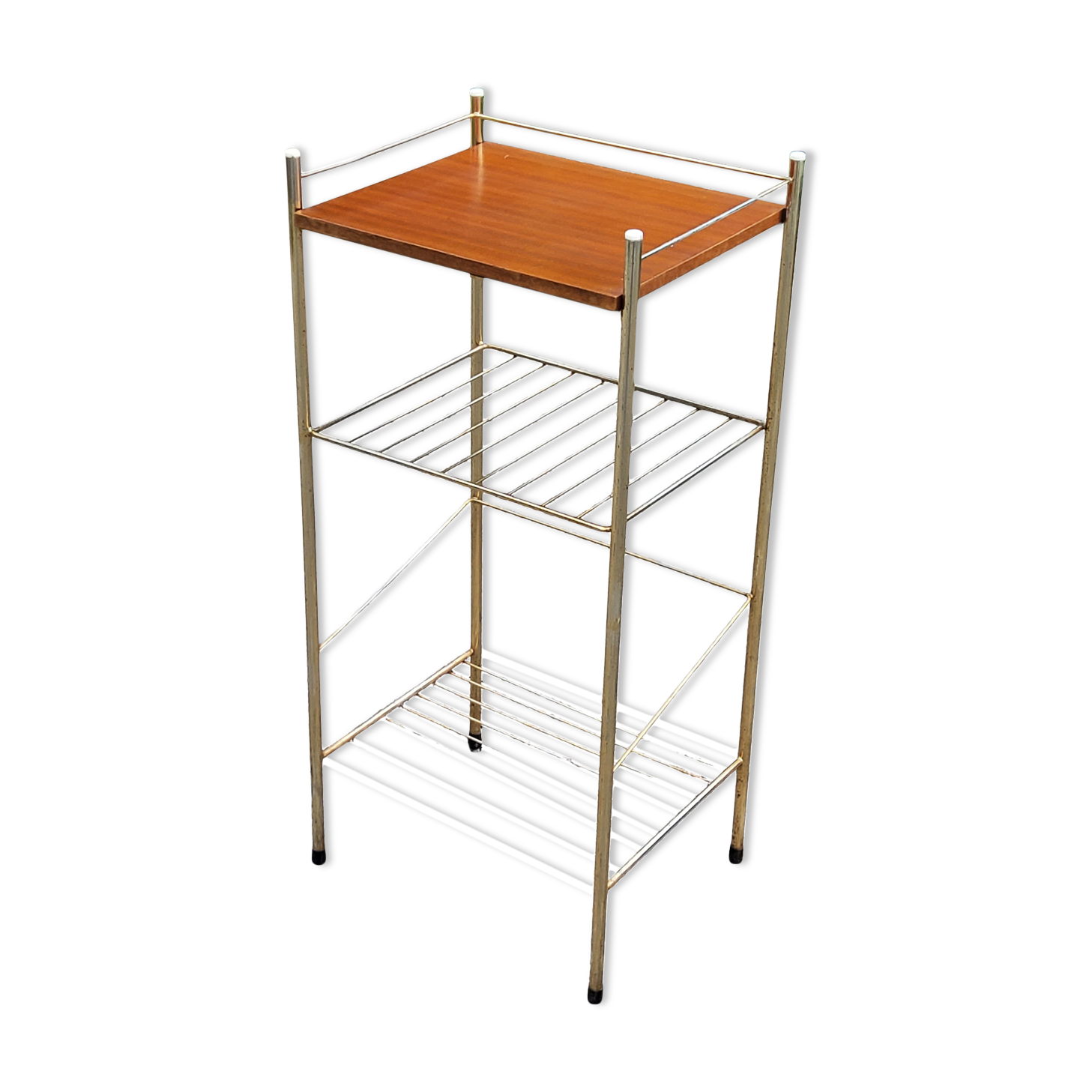 Bedside table from the 50s in gold metal and blond mahogany