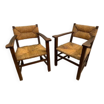 Paire de fauteuils en bois avec paillage