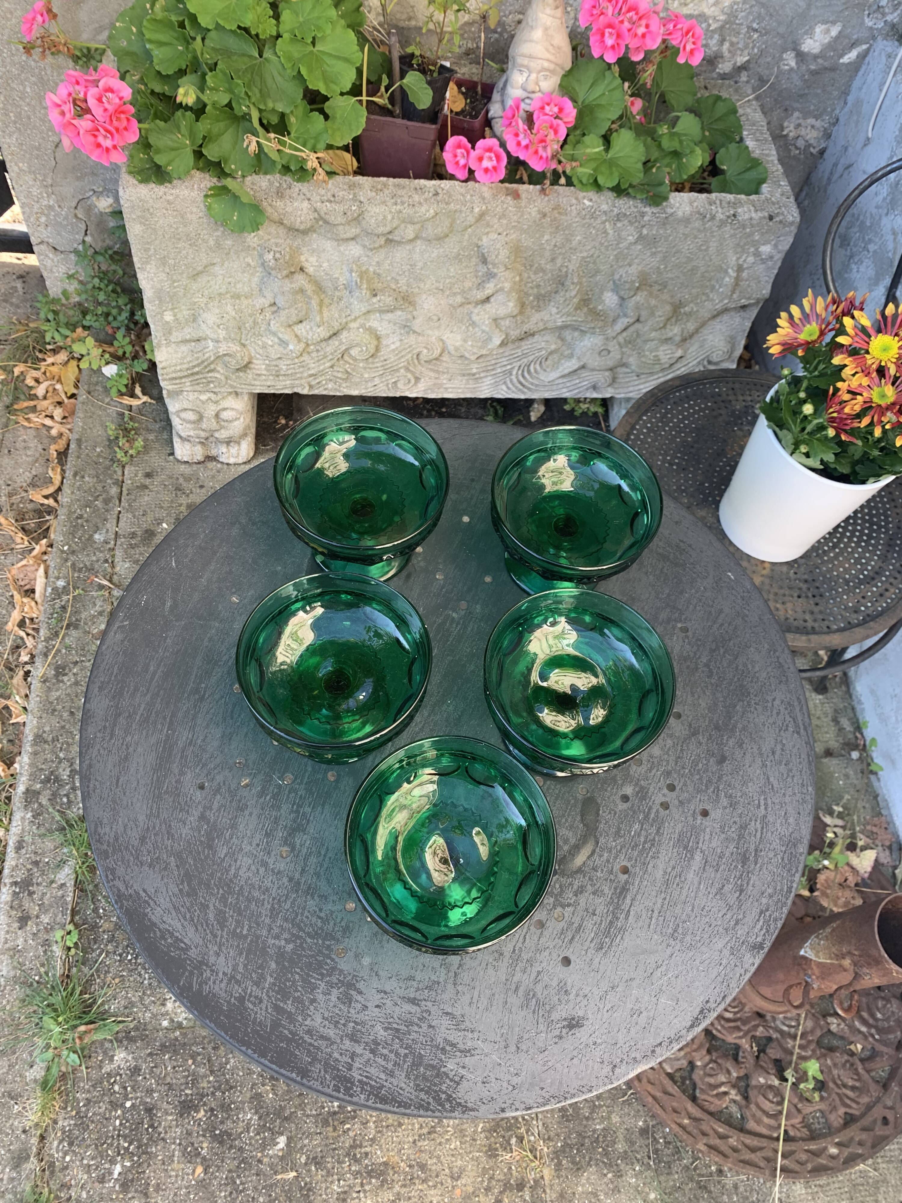 5 cups, vintage green glass verrines