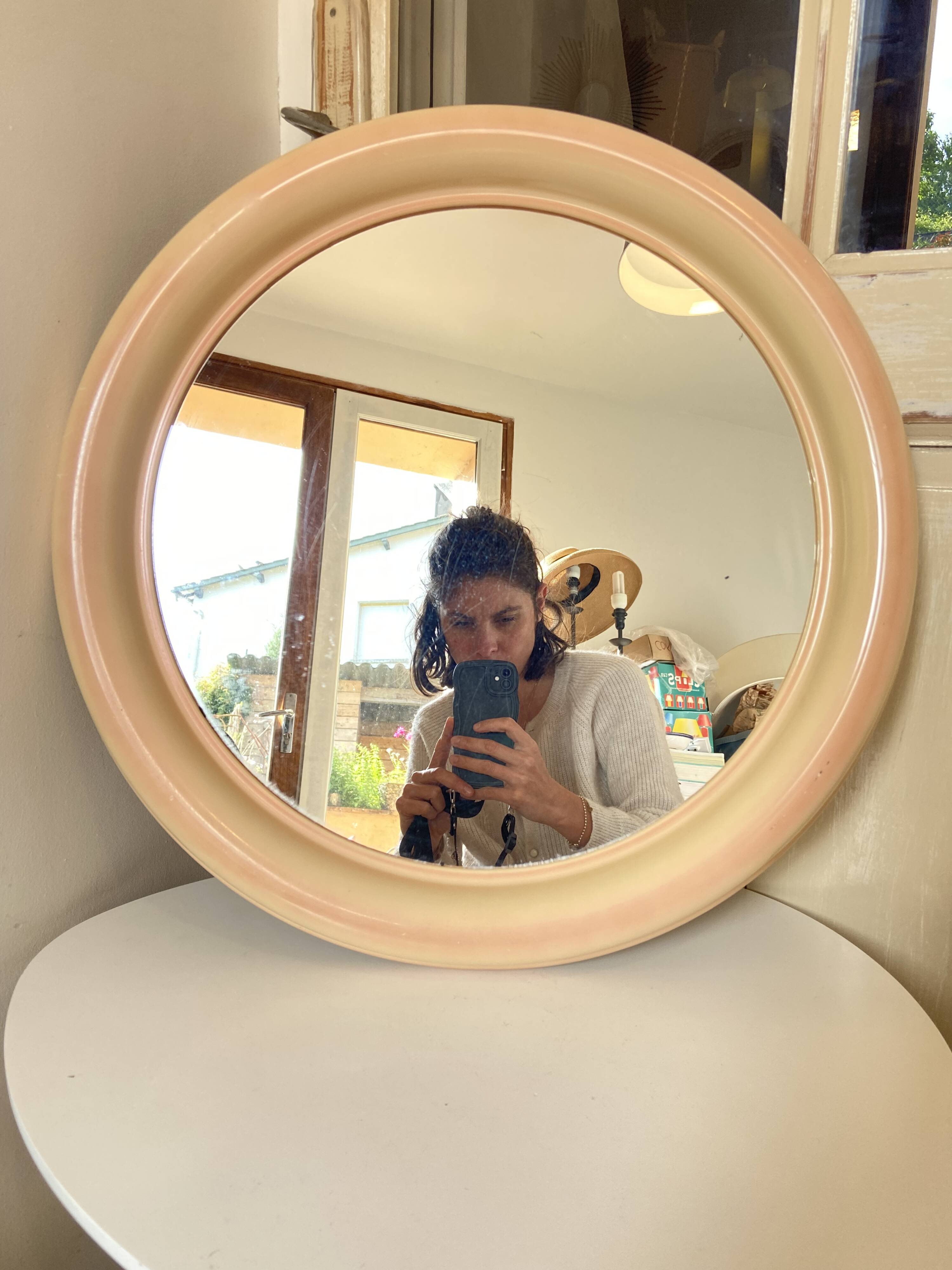 Round Beige and Coral Plastic Wall Mirror from the 70s-80s