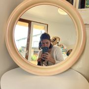 Round Beige and Coral Plastic Wall Mirror from the 70s-80s