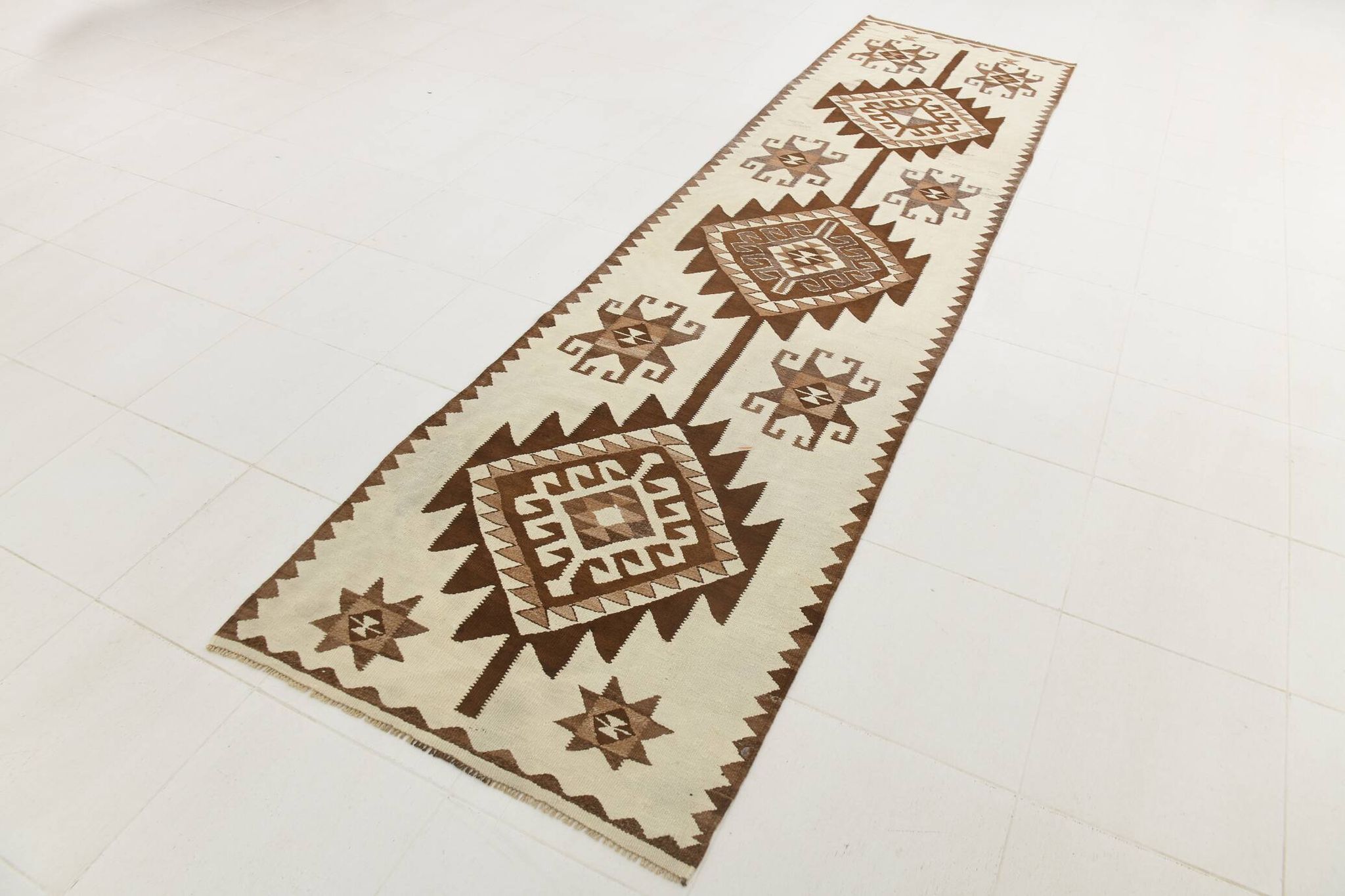 Tapis de couloir Kilim beige et marron 3x12, tapis turc délavé, 95x373 cm