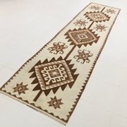 Tapis de couloir Kilim beige et marron 3x12, tapis turc délavé, 95x373 cm