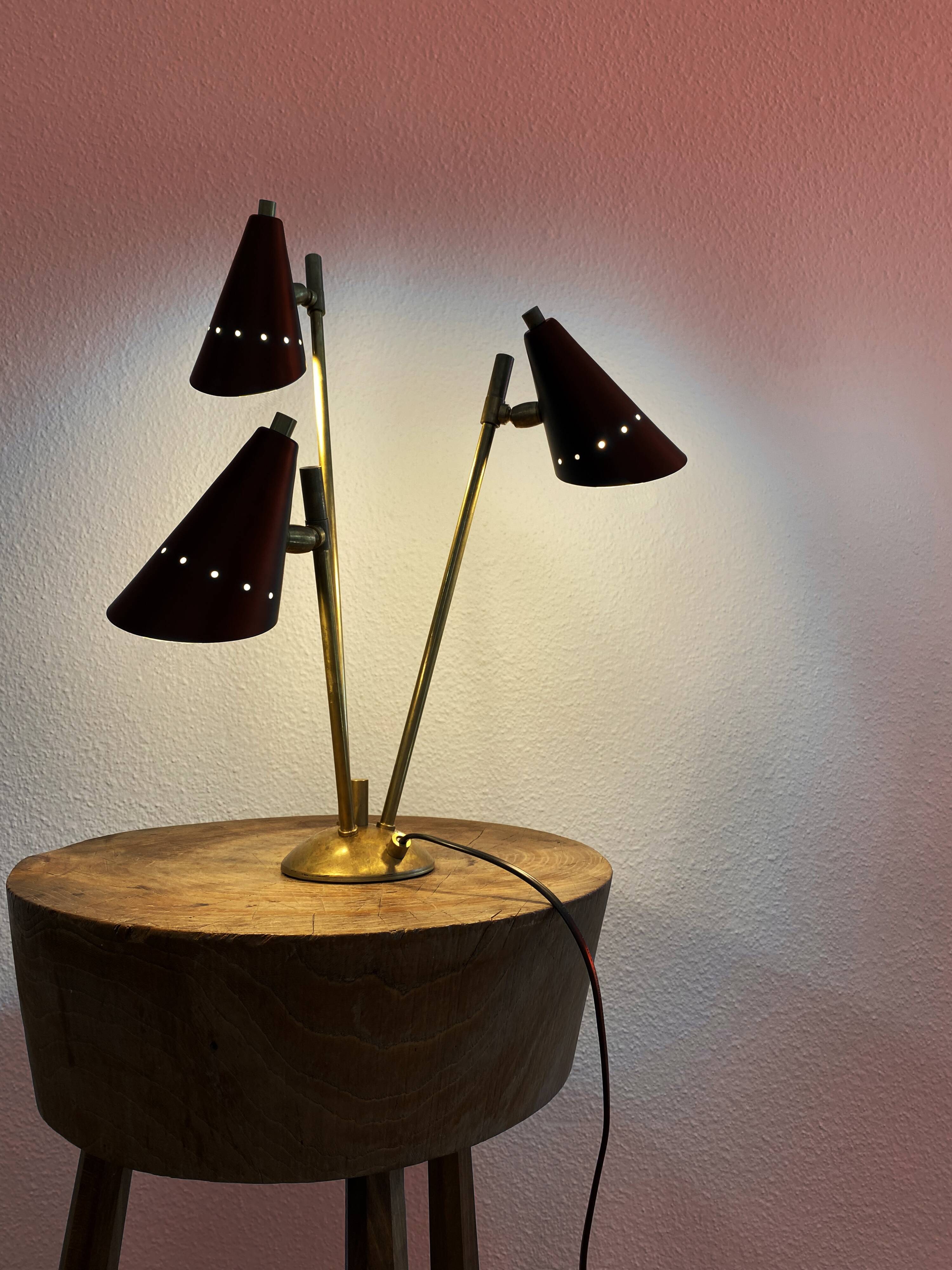 Italian three-headed brass lamp, 50s design