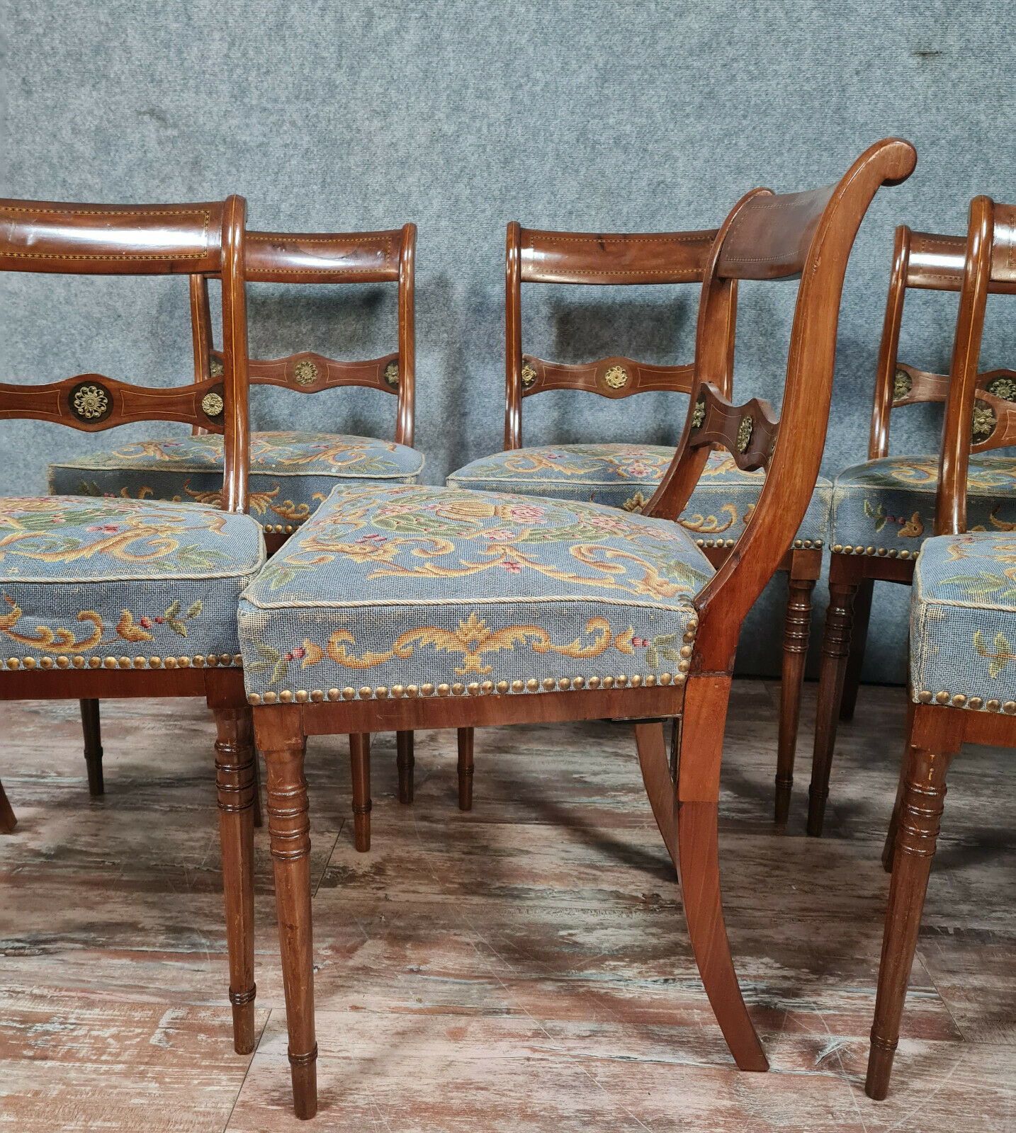 Series of 6 Napoleon III period chairs in mahogany and lemon fillets