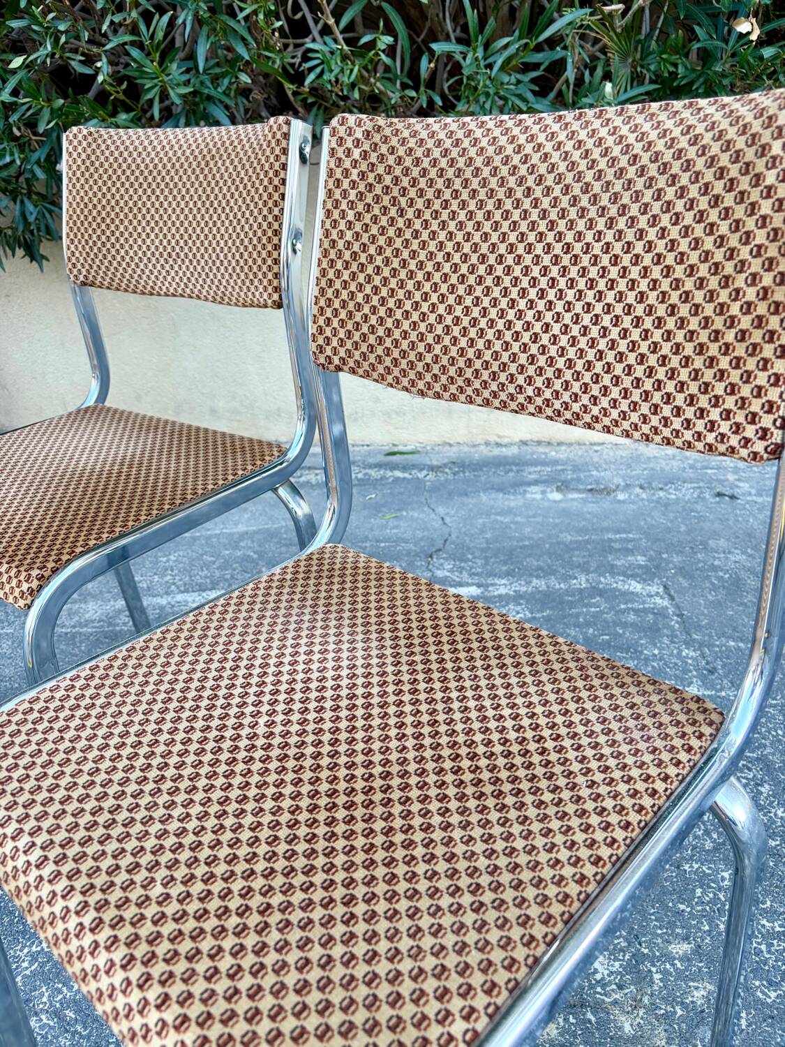 Pair of vintage velvet patterned chairs/steel from the 70s.