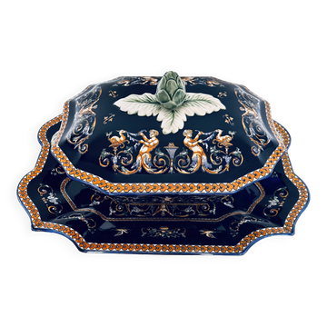 Soupière fond bleu faïencerie de Gien, complète