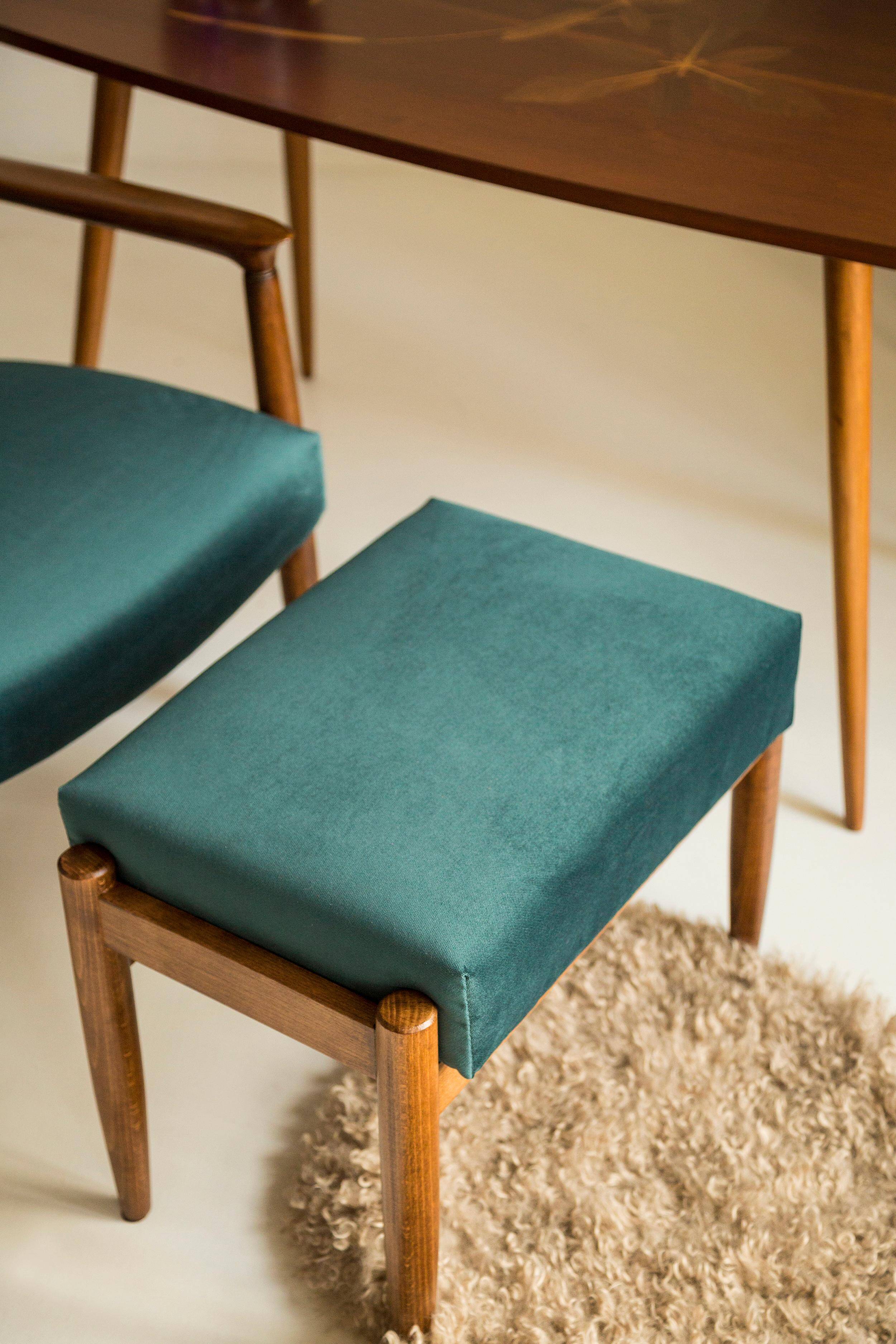 Pair of vintage petrol blue velvet stools from the mid-century, Edmund Homa, 1960s.