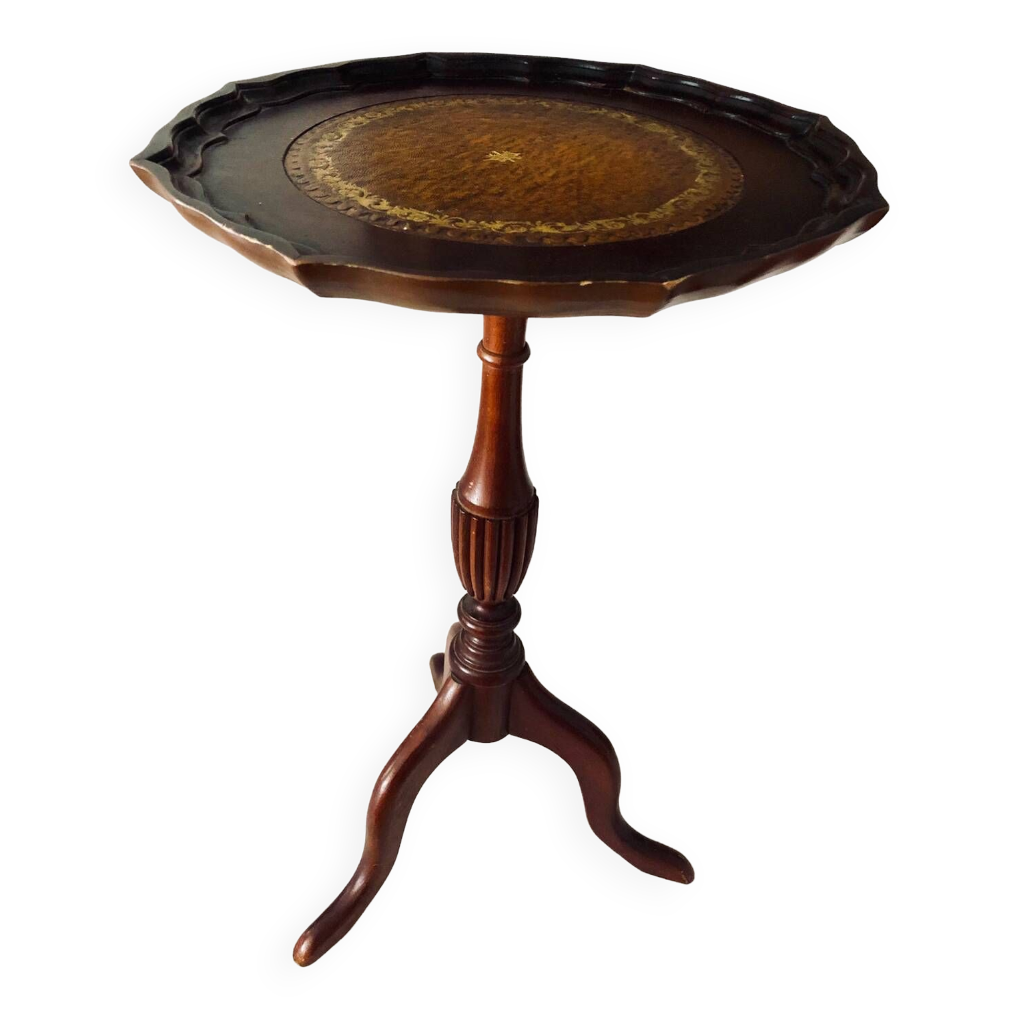 Tripod side table wine table in mahogany and vintage leather
