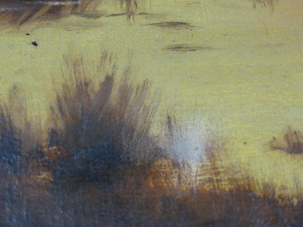 Oil on canvas Animated landscape by the lake at dusk 120 x 60 cm signed Rogiez