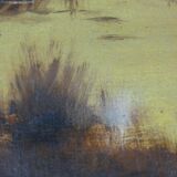 Oil on canvas Animated landscape by the lake at dusk 120 x 60 cm signed Rogiez