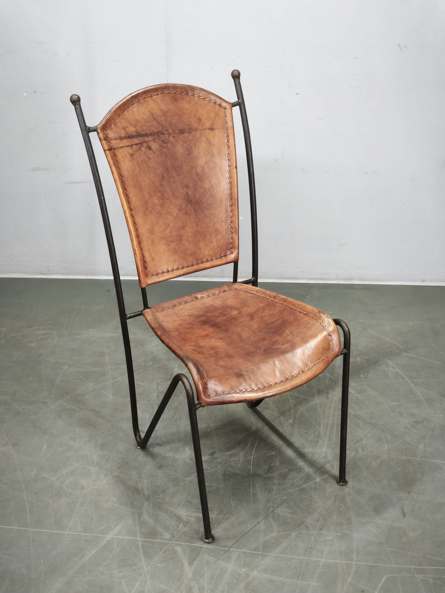 1990s European Brutalist Wrought Iron and Hand-Stitched Cognac Leather Dining Chair