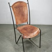 1990s European Brutalist Wrought Iron and Hand-Stitched Cognac Leather Dining Chair