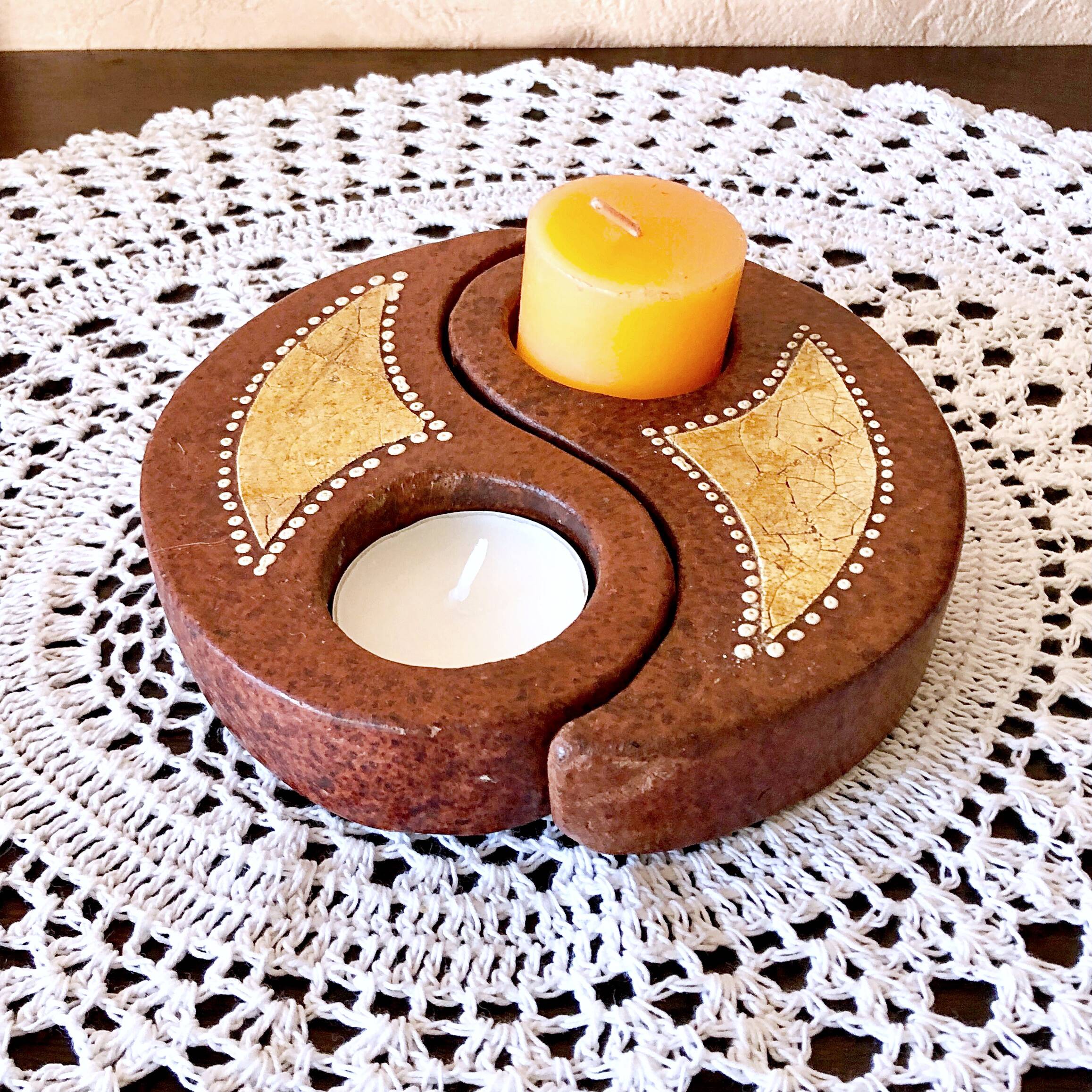 Double tealight candle holder YIN -YANG terracotta handmade decor Indonesia