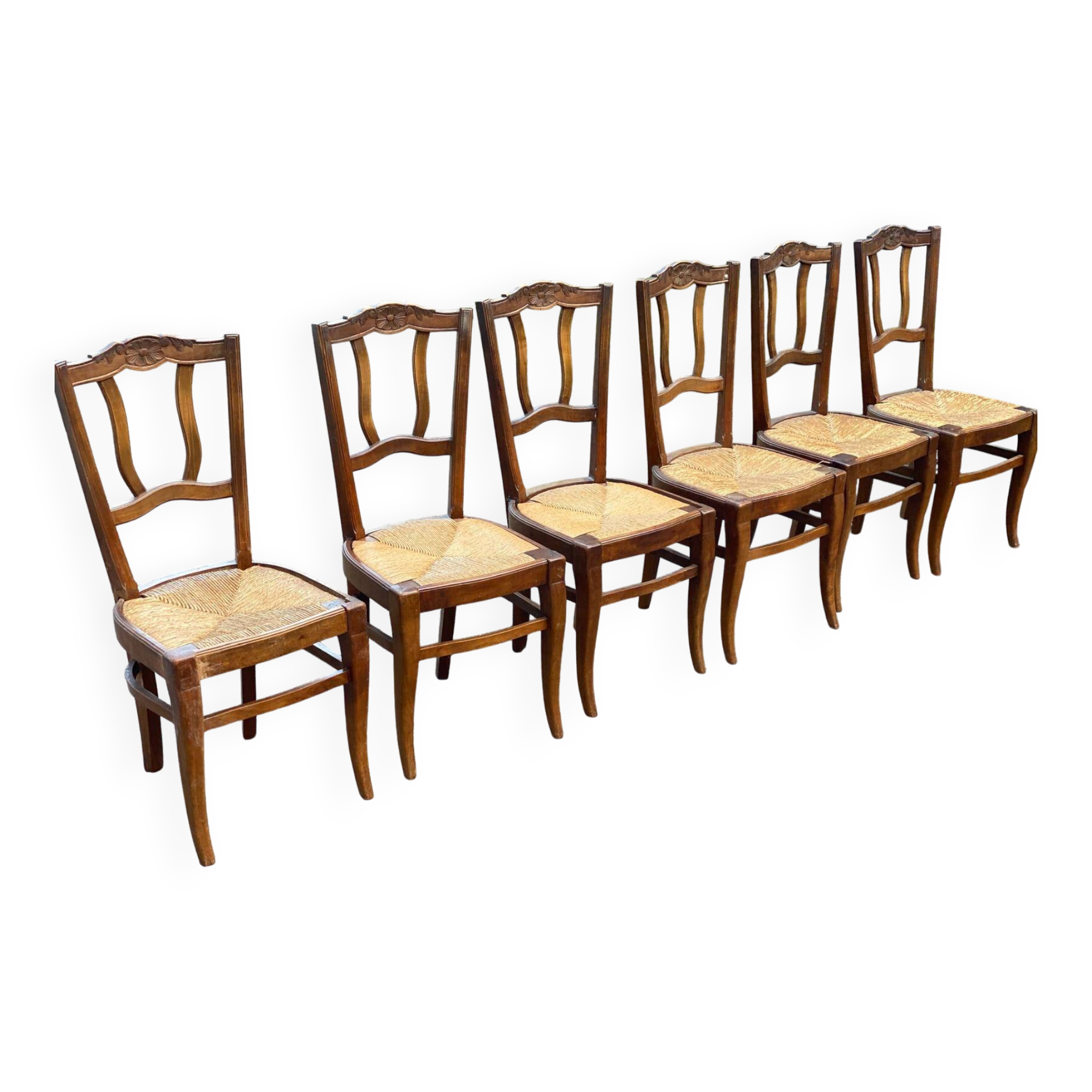 6 vintage solid oak wood dining room chairs with art deco straw