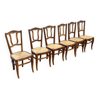 6 vintage solid oak wood dining room chairs with art deco straw