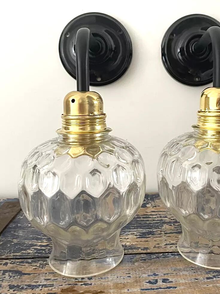 Set of two vintage electrified electrified glass wall lamps