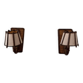 Paire d'appliques vintage en bois et abat jour beige, France 1960