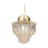 Older Danish hanging lamp in hard pressed glass with brass colored top.