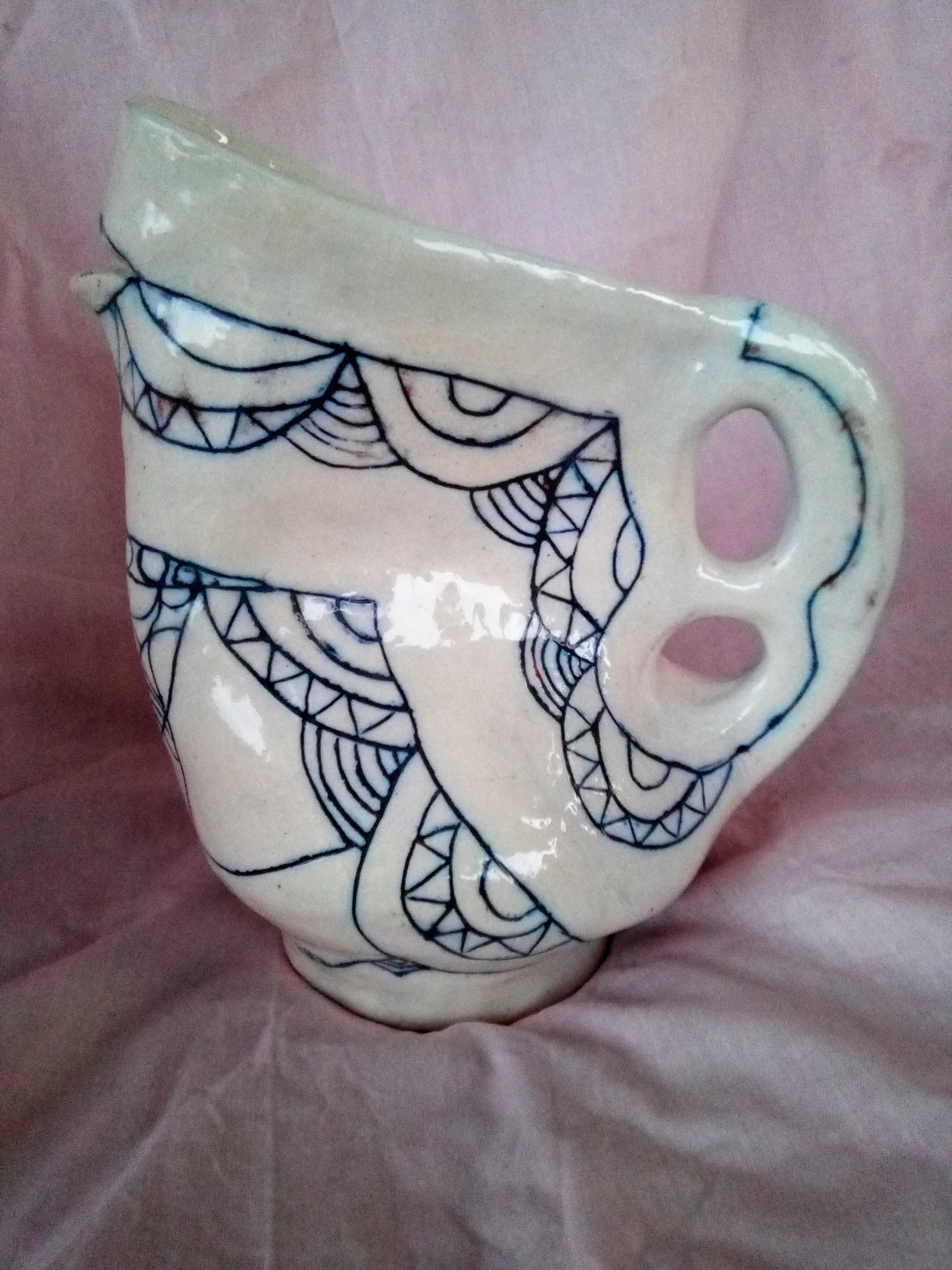 Zoomorphic pitcher in enamelled terracotta