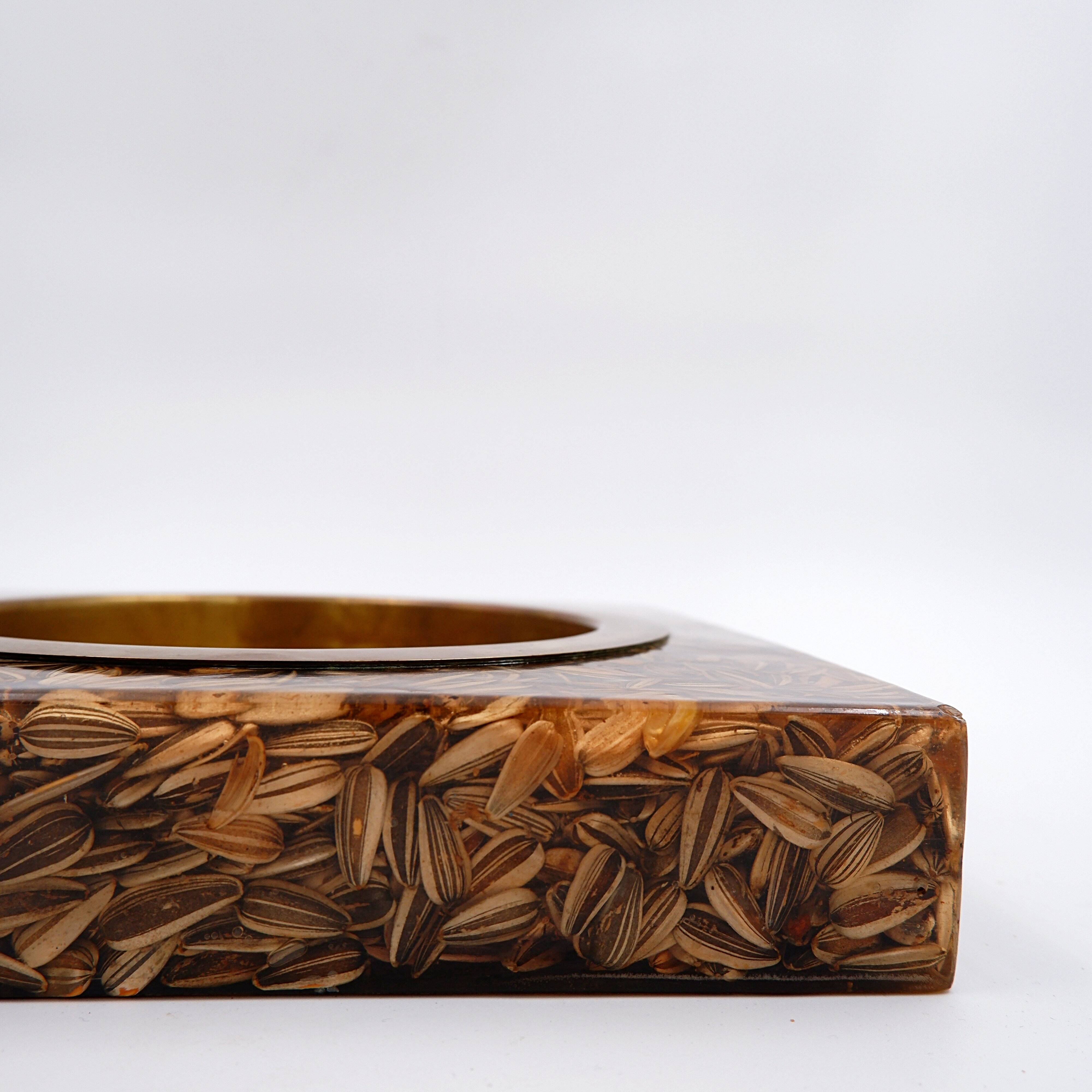 Large square brass and epoxy trinket tray with seed inclusions