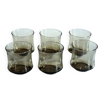 6 smoked glass whiskey glasses, vintage from the 1970s