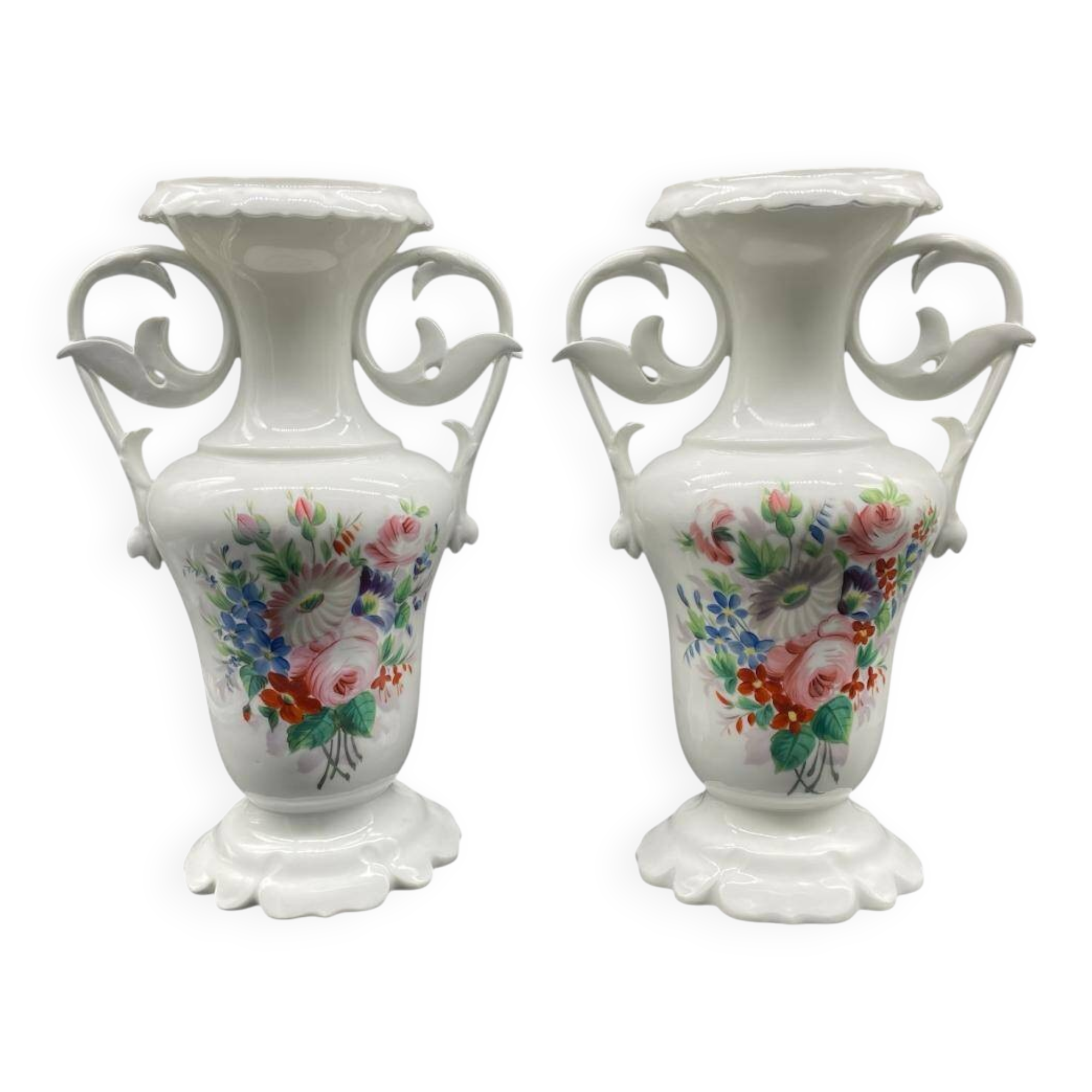 Pair of large 19th century church vases in painted white Paris porcelain