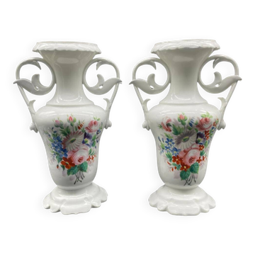 Pair of large 19th century church vases in painted white Paris porcelain